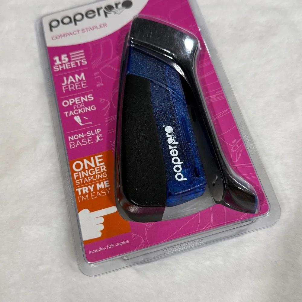 PaperPro Compact Stapler Blue Black One Finger 15 Sheet Capacity Jam Free 3054
